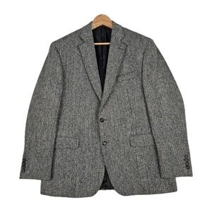 Vtg Harris Tweed Stafford Blazer Mens 44R Herringbone Wool Sport Coat Gray Black